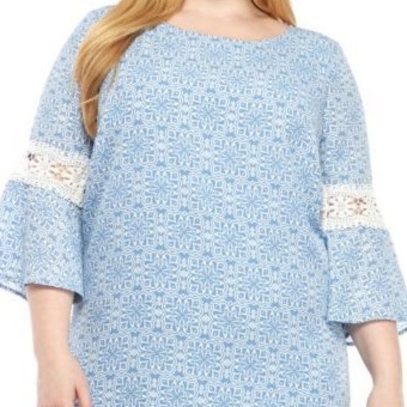 Luxology Crochet Bell Sleeve Shift Dress Plus Size 24 Blue White Boho NWT - Picture 6 of 7
